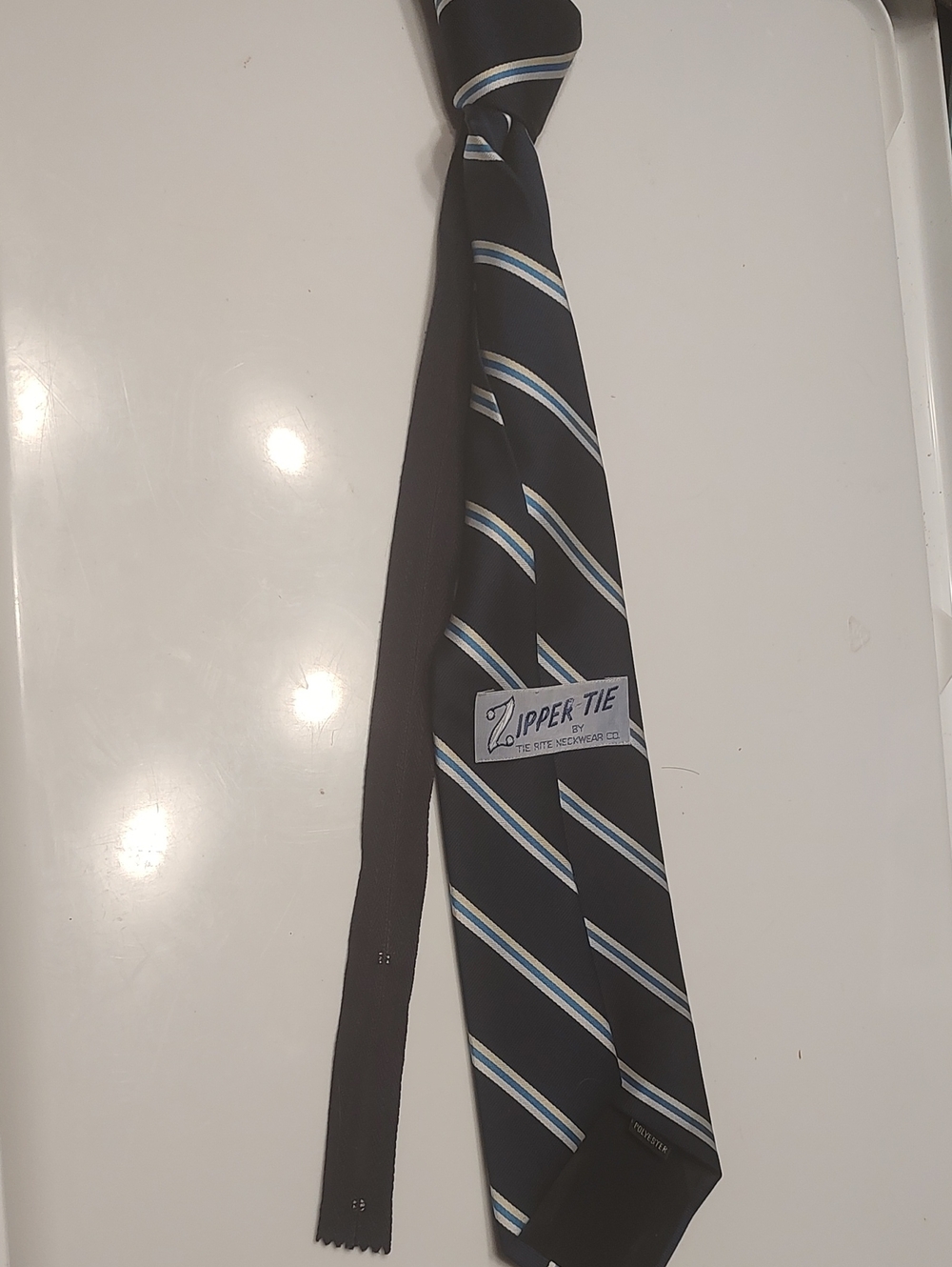 vintage "Zipper Tie" by Tie Rite Neckwear Co Navy Blue, Regimental Stripe
